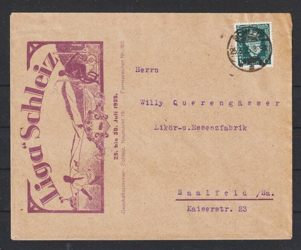 MiNr. 368 auf Brief "Liga Schleiz"  SCHLEIT 25.3.25  (hs)