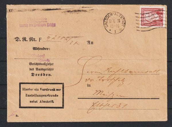 MiNr. 362 auf Brief mit Zustellurkunde DRESDEN ALTSTADT 12.6.28  (hs)