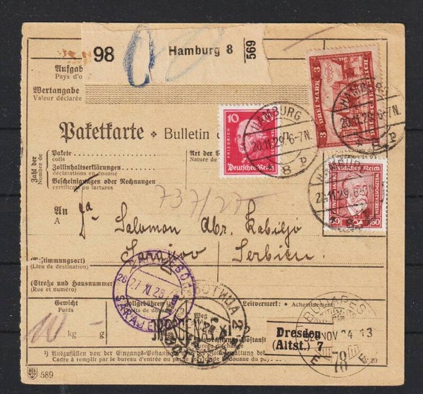 MiNr. 366, 362 y auf Paketkarte HAMBURG 20.11.29    (hs)