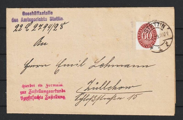 MiNr. D 122 auf Brief mit Zustellurkunde  STETTIN 7.2.29    (ad27)