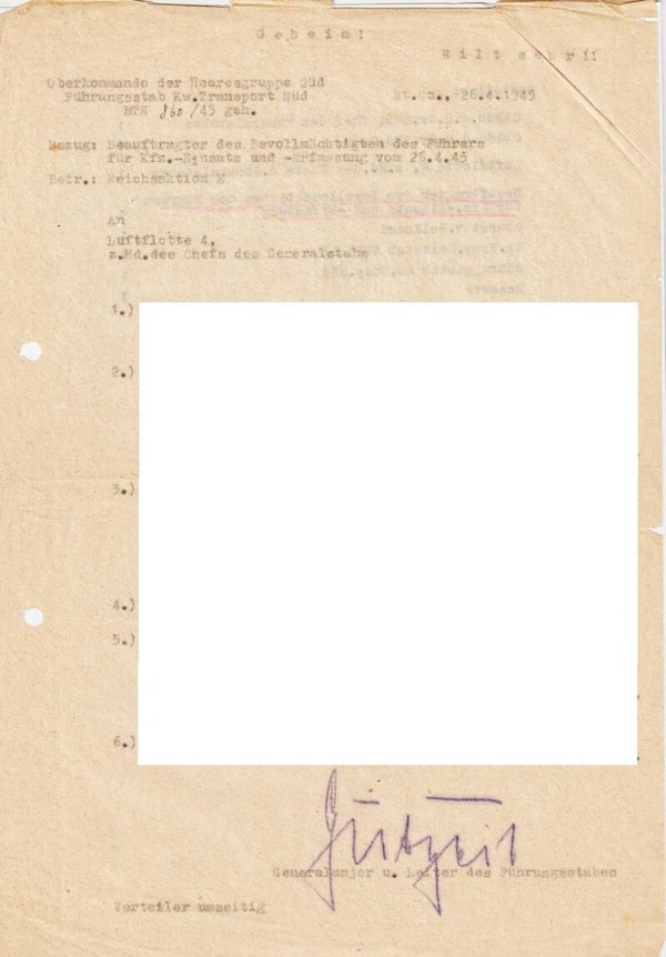 Geheim Befehl Oberkommando der Herresgruppe Süd mit Originalunterschrift von Generalmajor Gutzeit