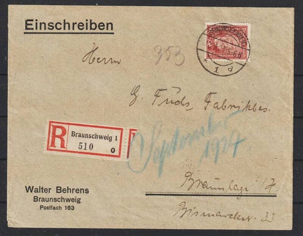 MiNr. 362 auf R-Brief BRAUNSCHWEIG 12.9.27   (hs)