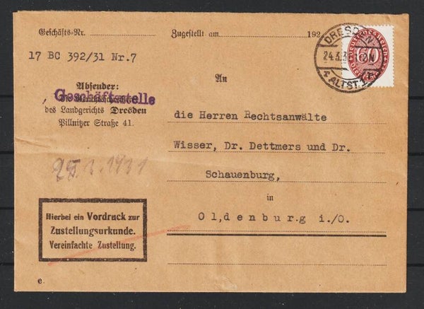 MiNr. D 122 auf Brief mit Zustellurkunde  DRESDEN  24.3.31    (ad27)