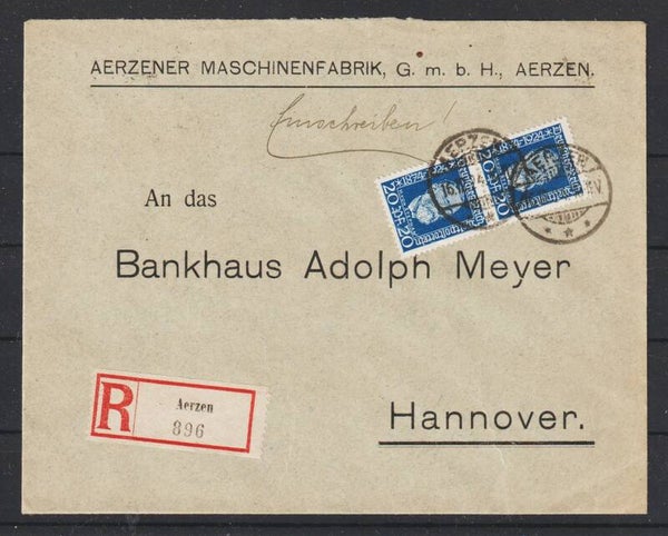 MiNr. 369 (2x) auf R-Brief "Maschinenfabrik" AERTZEN 16.12.24 (hs)