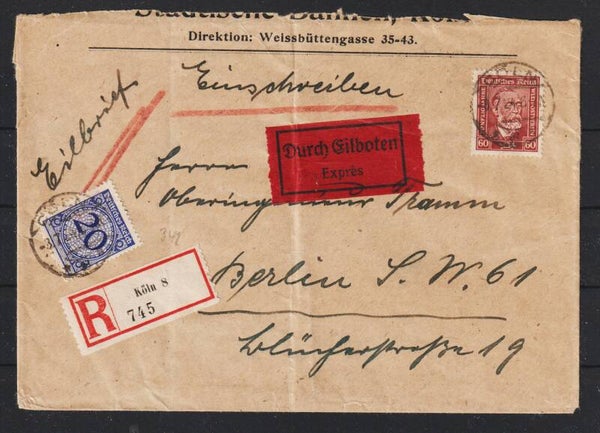 MiNr. 362 auf Eilboten R-Brief CÖLN 8.7.24    (hs)