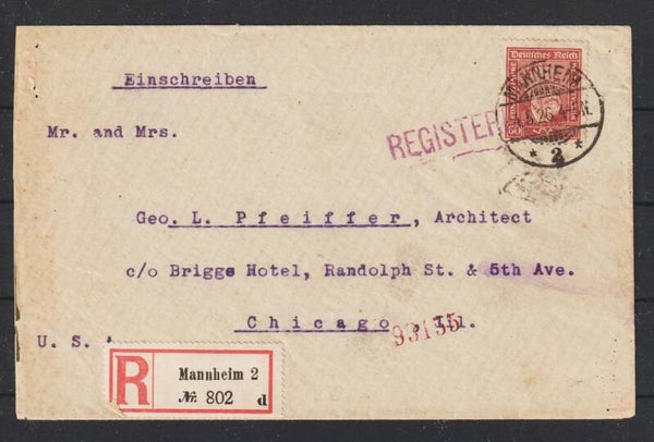 MiNr. 362 auf R-Brief MANNHEIM nach Chicago / USA    (hs)