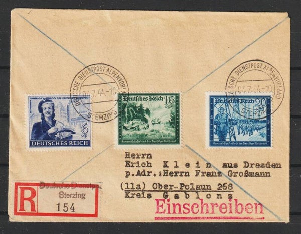 R-Brief "DEUTSCHE DIENSTPOST ALPENVORLAND" STERZING 4.7.44  (aspk)