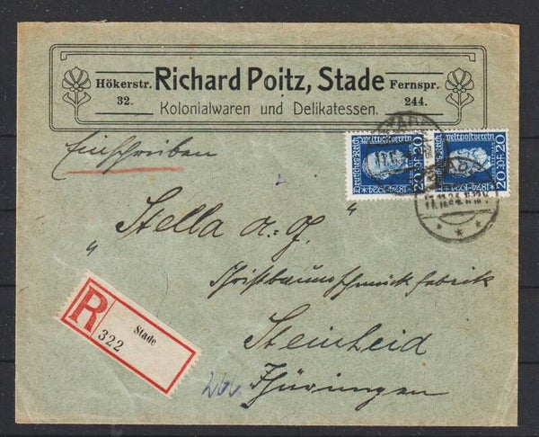 MiNr. 369 (2x) auf R-Brief "Kolonialwaren Richard Poitz" STADE 11.11.24 (hs)