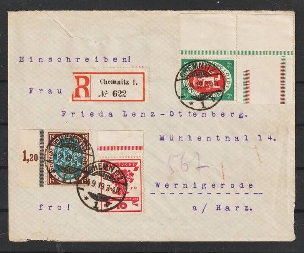 MiNr. 107, 108, 109 ZSt. auf R-Brief CHEMNITZ  4.9.19   (asa1919)
