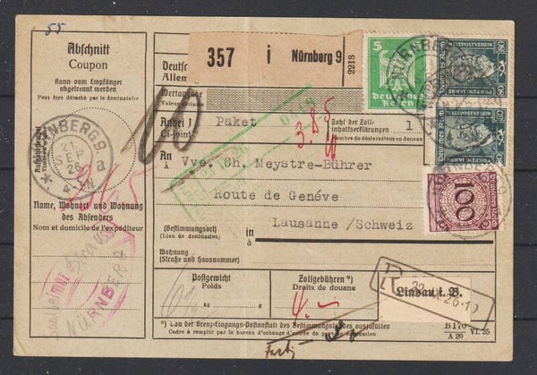 MiNr. 363 (2x), 343 auf Paketkarte NÜRNBERG 21.SEP.26   (hs)