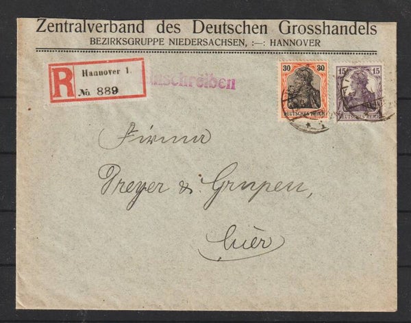 MiNr. 87, 101 auf R-Brief "Zentralverband des Grosshandels" HANNOVER 19.6.20  (s26018)