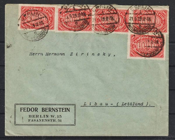 MiNr. 257 (7x), 280, 285 auf Brief BERLIN 21.9.23 nach Libau/Lettland  (s24085)