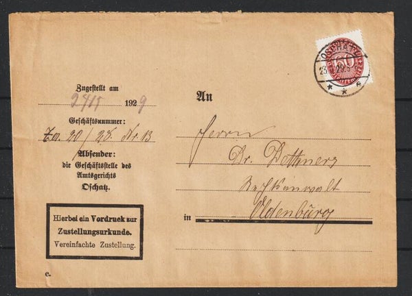 MiNr. D 122 auf Brief mit Zustellurkunde  OSCHATZ 23.5.29    (ad27)