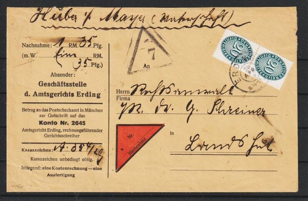 MiNr. D 119 auf Nachnahme Brief ERDING 20.APR.29 (ad27)