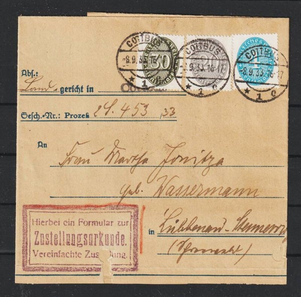 MiNr. D 120, D 126, D 127 auf Brief mit Zustellurkunde COTTBUS 8.9.33 (ad27)
