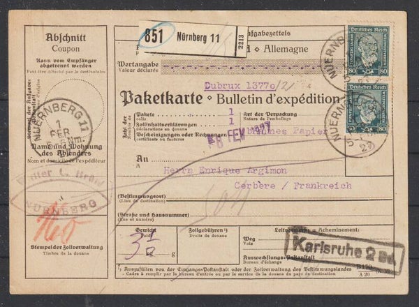 MiNr. 363 (2x) auf Paketkarte NÜRNBERG  1.FEB.27   (hs)