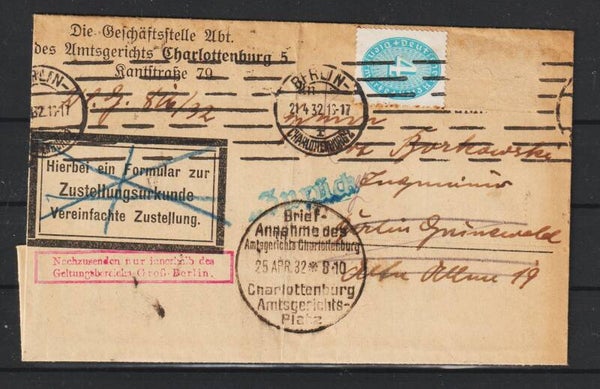 MiNr. D 127 auf Brief mit Zustellurkunde  BERLIN 21.4.32 (ad27)