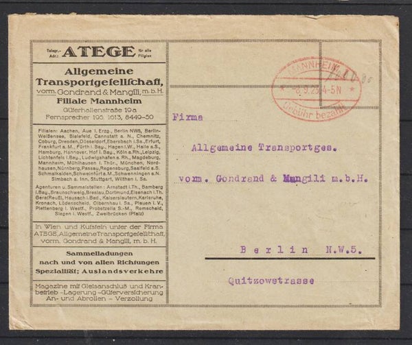 "Gebühr bezahlt" Brief "ATEGE Allge... Filiale Mannheim" MANNHEIM 8.9.23  (0839)