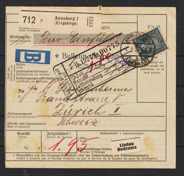 MiNr. 363 auf Paketkarte ANNABERG (ERZGEB)  4.2.27   (hs)