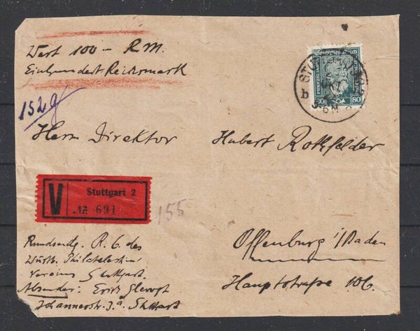 MiNr. 363 auf Wert-Brief Vorderseite STUTTGART  24.OKT.27   (hs)
