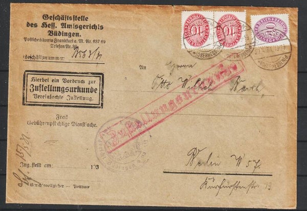 MiNr. D 117, D 121 auf Brief mit Zustellurkunde BÜDINGEN  27.4.31  (ad27)