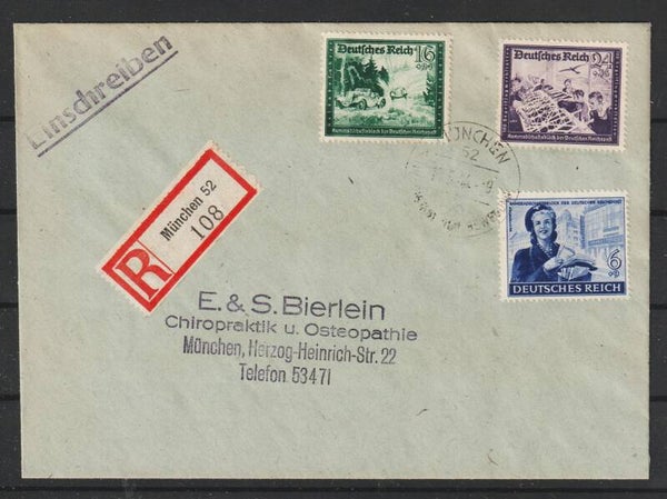 MiNr. 893, 891, 888 auf R-Brief  MÜNCHEN 15.5.44  (aspk)
