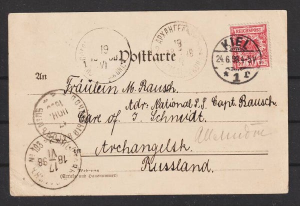 MiNr. 47 auf AK "Gruss aus Kiel" nach Archangels Russland   (0387)