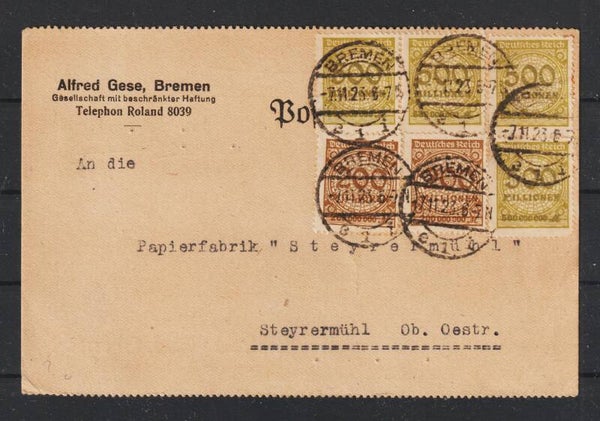 MiNr. 323 (2x), 324 (4x) auf Postkarte BREMEN 7.11.23  (0283)