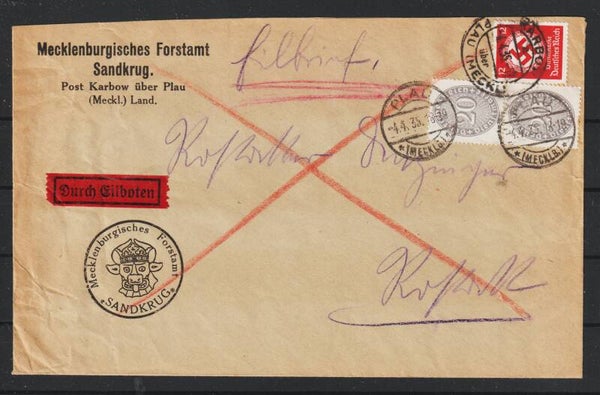 MiNr. D 126, D 138 auf Nachnahme Eilboten  Brief  PLAU KAROW (Meckl.) 4.4.35    (ad27)