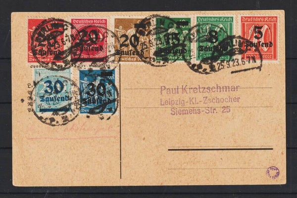 MiNr. 277, 278, 279, 280, 281, 282, 284, 285 Postkarte, BERLIN 25.9.23, geprüft  (0294)