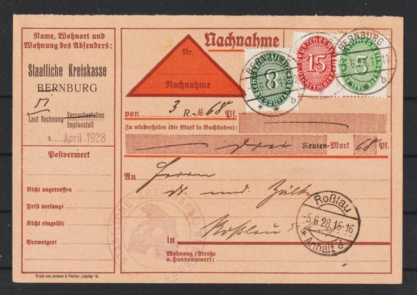 MiNr. D 115, D 116, D 118 auf Nachnahme Karte BERNBURG 5.6.28   (ad27)