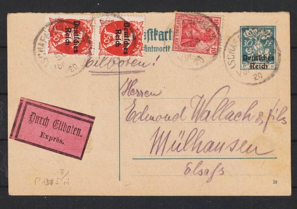 Ganzsache P 130 A portogerechte Eilboten Karte SCHAFFHAUSEN 7.SEP.20   (0346)