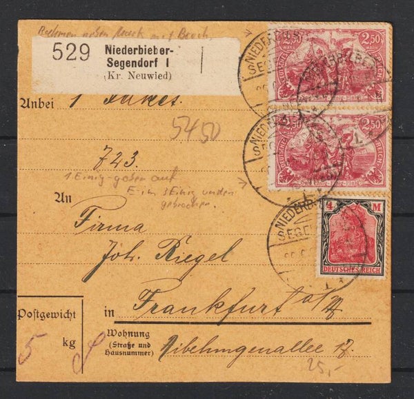 MiNr. 115 (2x) 153 auf Paketkarte  NIEDERBIEBER-SEGENDORF 26.6.22    (0408)