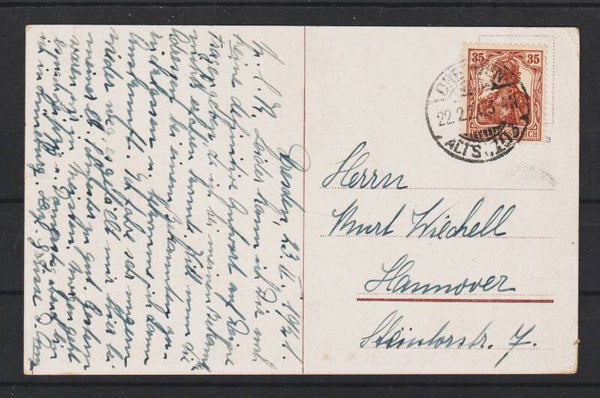 MiNr. 103 a auf Ansichtskarte  DRESDEN 22.2.21, geprüft   (s30052)
