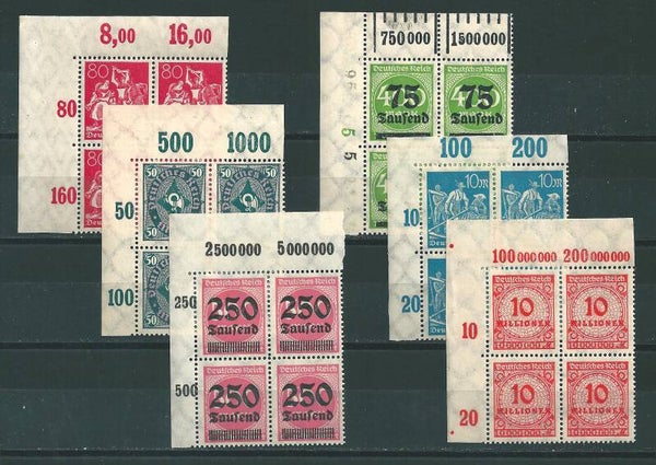 MiNr. 166, 209, 239, 287, 295, 318 postfrische Oberrand Bogenecken (0445)