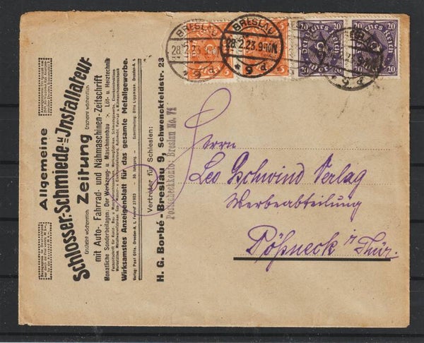 MiNr. 230 (2x), 227 (2x) "Allgemeine Schlosser-Schmiede-..." BRESLAU 28.2.23  (0701)
