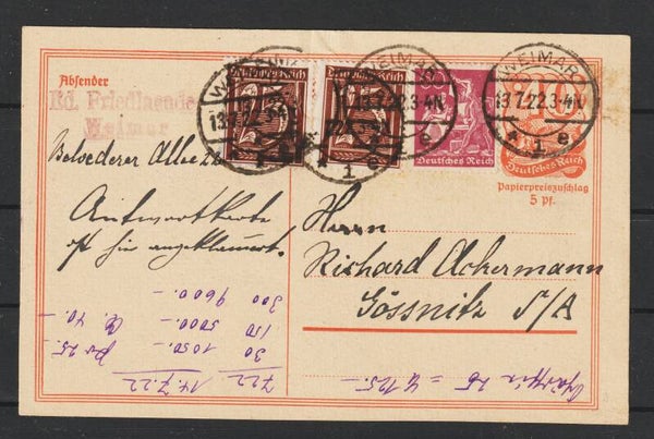 Ganzsache P 141  ZuF, portogerecht,  WEIMAR 13.7.22, geprüft  (0704)