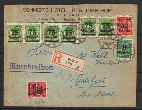 MiNr. 288 (6x) 278, 280, 282 I auf R-Brief BERLIN 20.9.23  (0704)