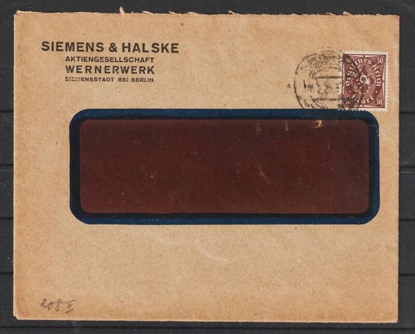 MiNr. 208 W EF auf Brief "Siemens & Halske AG"  BERLIN 10.2.23, Firmenlochung SH (0708)