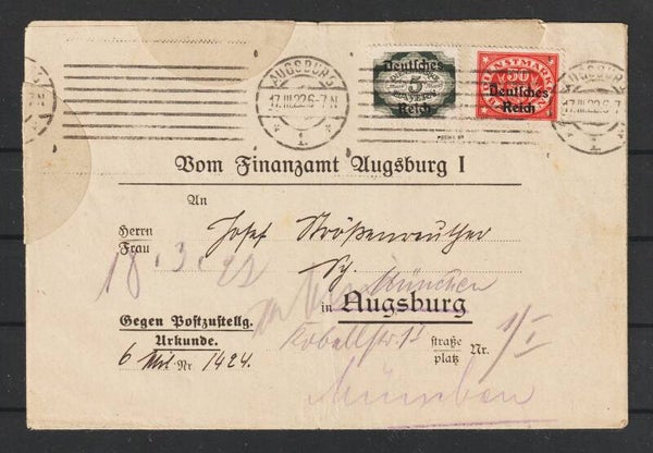 MiNr. D 51, D 40 auf Brief  "Gegen Postzustellurkunde" AUGSBURG 11.III.22, geprüft  (0711)