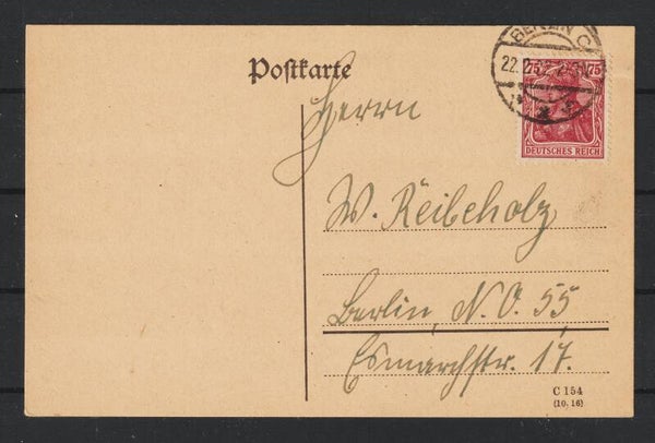 MiNr. 148 auf Postkarte  BERLIN 22.2.22  2-3 N  (0715)