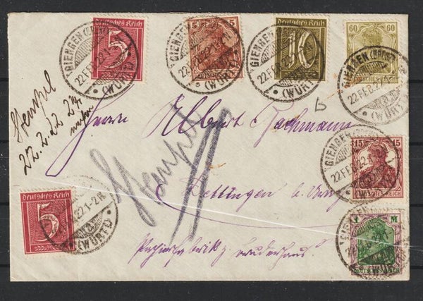 MiF auf Brief GIENGEN  (BRENZ) 22.2.22 1-2 N    (0715)