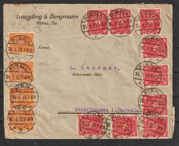 MiNr. 191 (20x), 205 (4x) 206 (9x) Brief  PIRNA 24.1.23, Perfins Firmenlochung HBP   (0716)