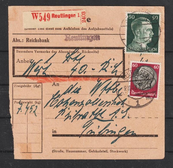 MiNr. 526, 796 auf Paketkarte REUTLINGEN 2.10.43  (0717)