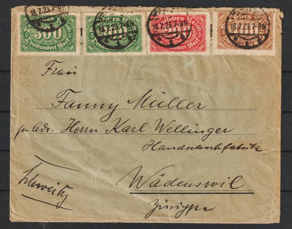 MiNr. 220, 221, 222 Brief ESSEN 28.7.23 nach Wadenswil   (0719)