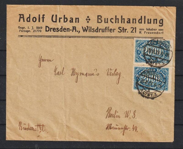 MiNr. 253 (2x) auf Brief/Bücherzettel “Adolf Urban Buchhandlung”  DRESDEN  29.8.23  (0720)