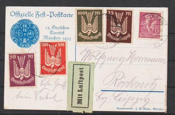 MiNr. 263, 264, 265, 266 auf Luftpost-Postkarte "13. Deutsches Turnfest" MÜNCHEN 18.7.23  (0720)