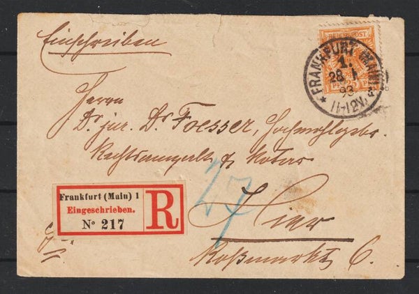 MiNr. 49 b EF auf R-Brief  FRANKFURT 28.1.93, geprüft   (0721)