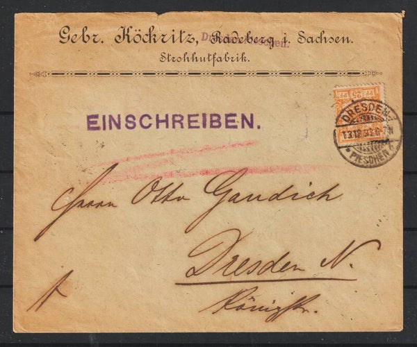 MiNr. 49 b auf Einschreiben-Brief "Strohhutfabrik"  DRESDEN 13.12.93   (0722)