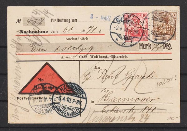 Nachnahme Karte "Gebr. Wulfhorst" GÜTERSLOH 2.4.10, Perfins Firmenlochung G.W.   (0723)